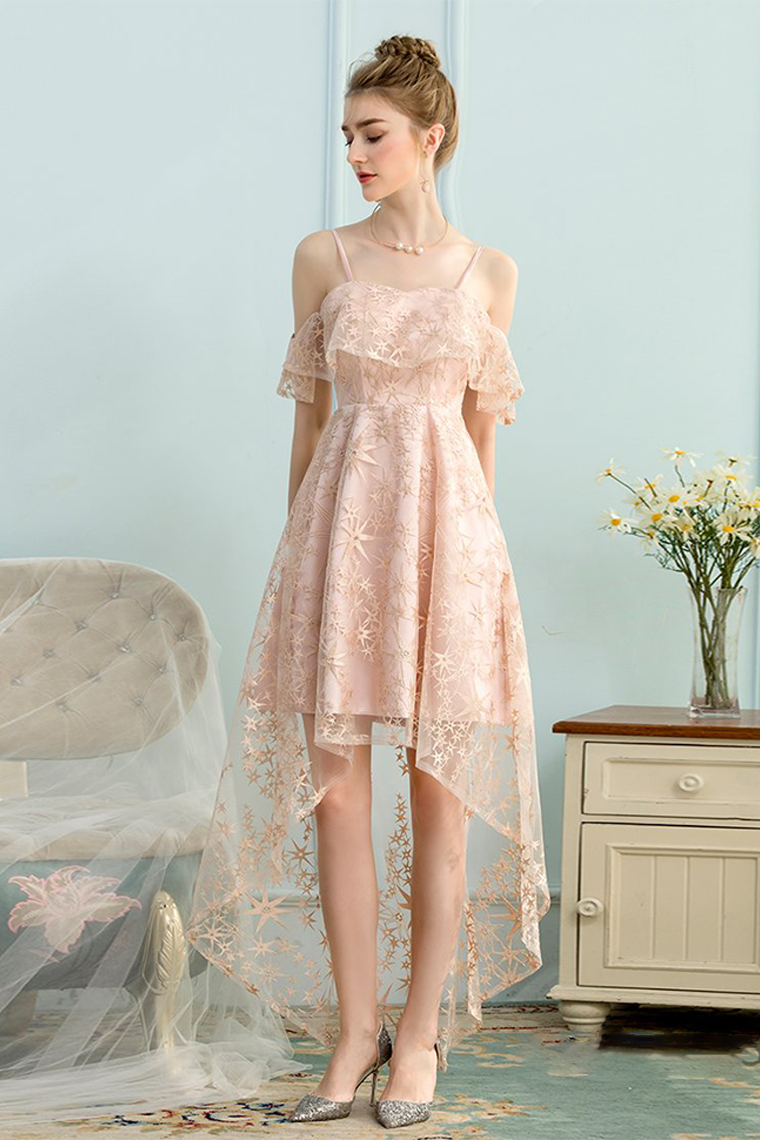 High Low A-Line Spaghetti Homecoming Dresses Lace Pink Miah Straps Ice