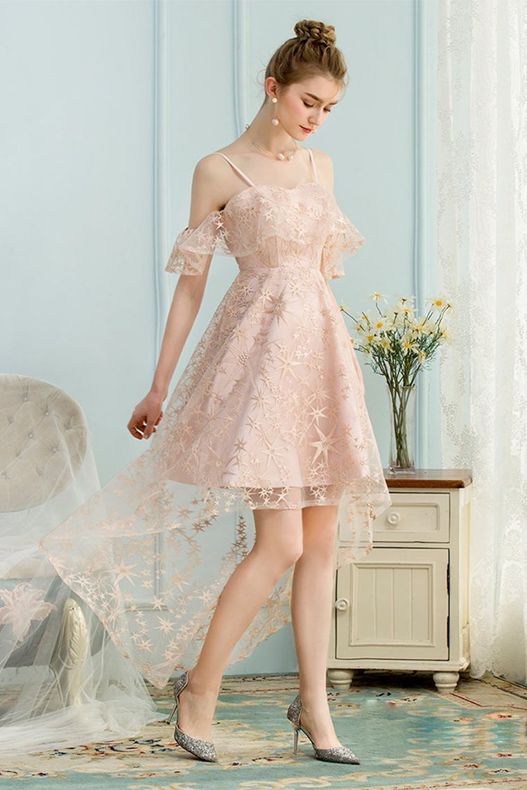 High Low A-Line Spaghetti Homecoming Dresses Lace Pink Miah Straps Ice