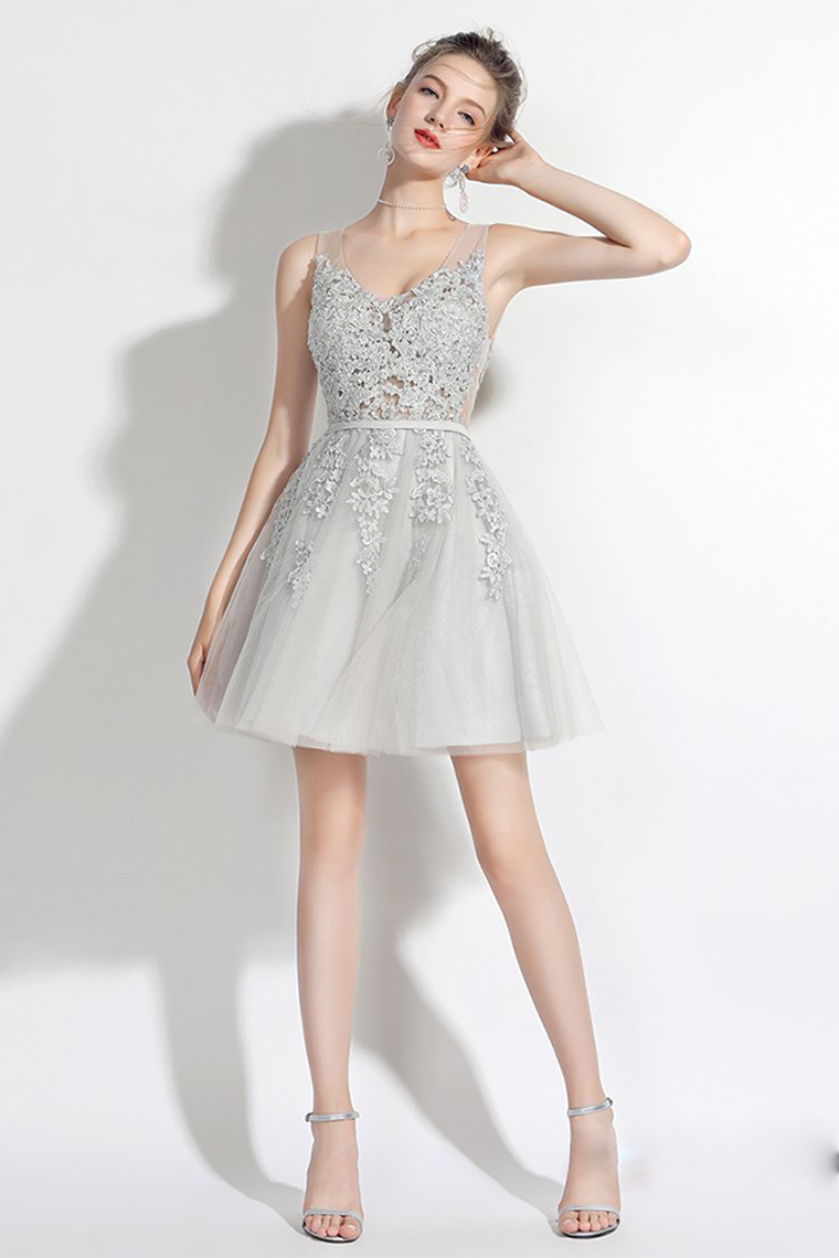 A-Line Nadine Homecoming Dresses V-Neck Grey With Sash Appliques