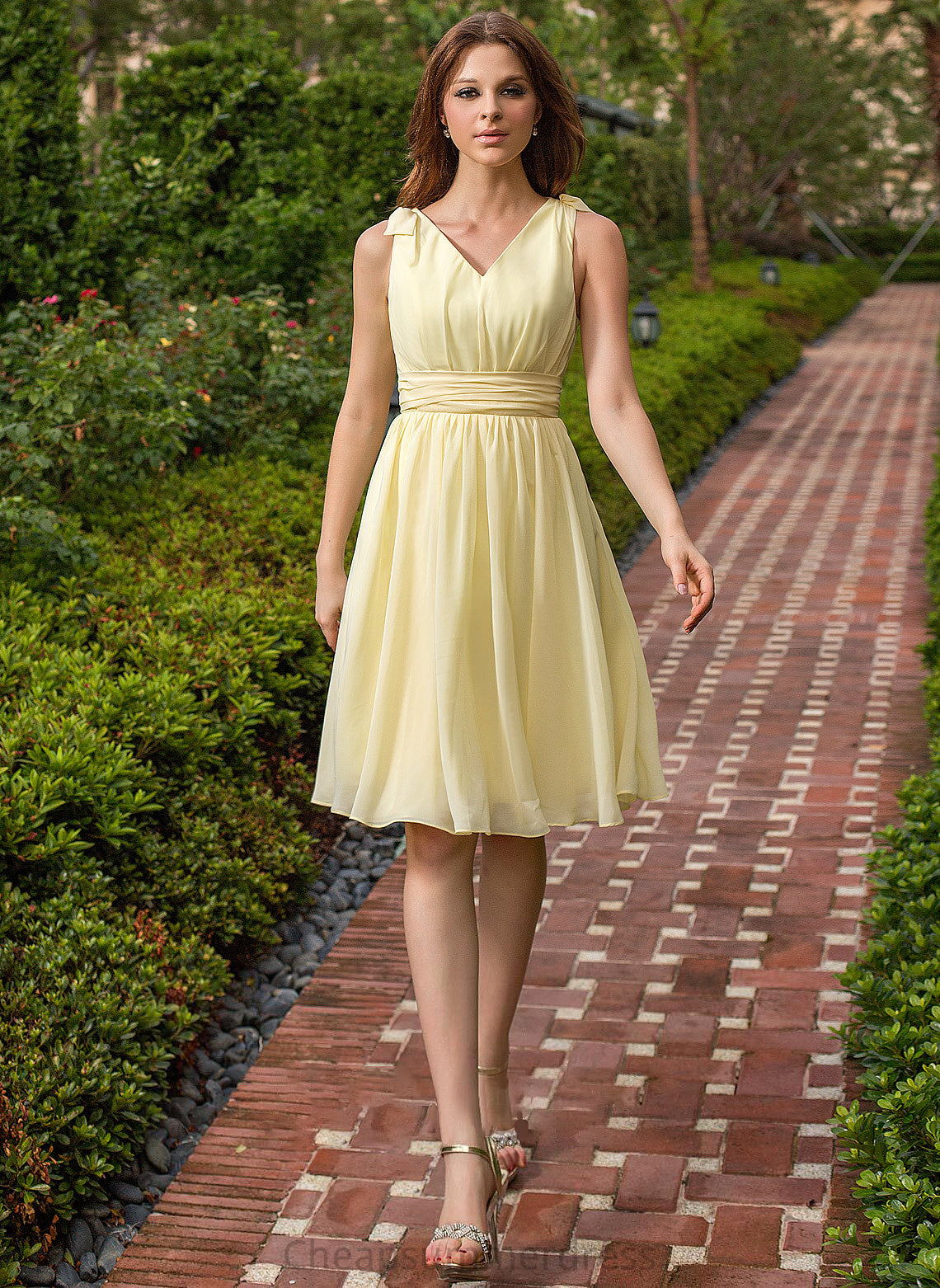 V-neck Bow(s) Length Knee-Length Neckline Ruffle A-Line Silhouette Embellishment Fabric Nola Spaghetti Staps