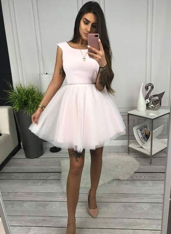 Round Homecoming Dresses Cristal Pink Neck Tulle Short Dress CD1295