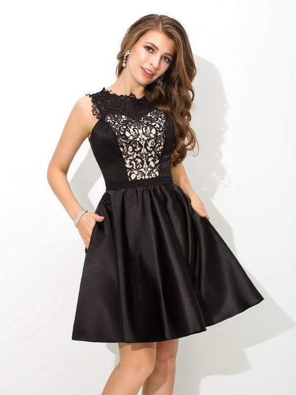 A-Line/Princess Scoop Cocktail Satin Lace Homecoming Dresses Patti Sleeveless Short Dresses