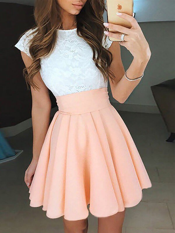 A-Line/Princess Jewel Sleeveless Short/Mini Dresses Chiffon Homecoming Dresses Lace Janiyah