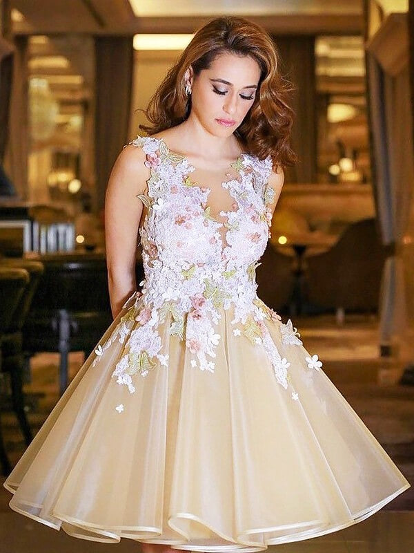 A-Line/Princess Scoop Sleeveless Kaiya Homecoming Dresses Applique Short/Mini Organza Dresses