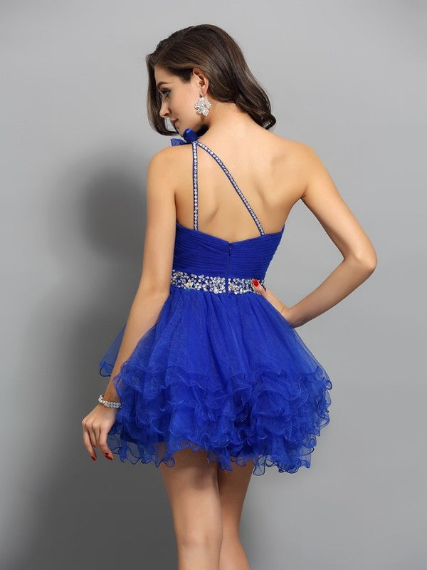A-Line/Princess Cocktail Homecoming Dresses Kennedy One-Shoulder Beading Sleeveless Short Organza Dresses