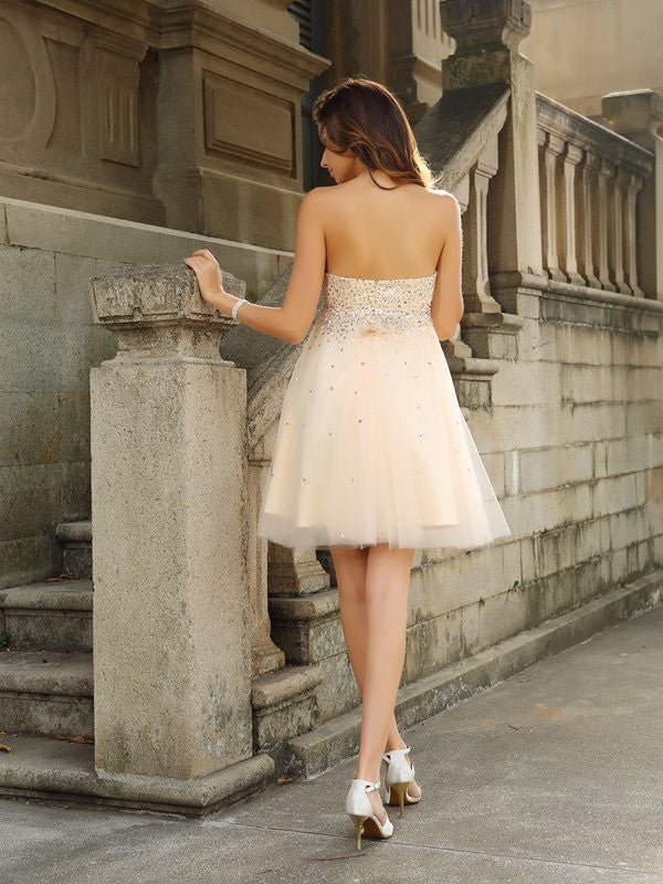 A-Line/Princess Strapless Beading Satin Cocktail Homecoming Dresses Allie Sleeveless Short Dresses