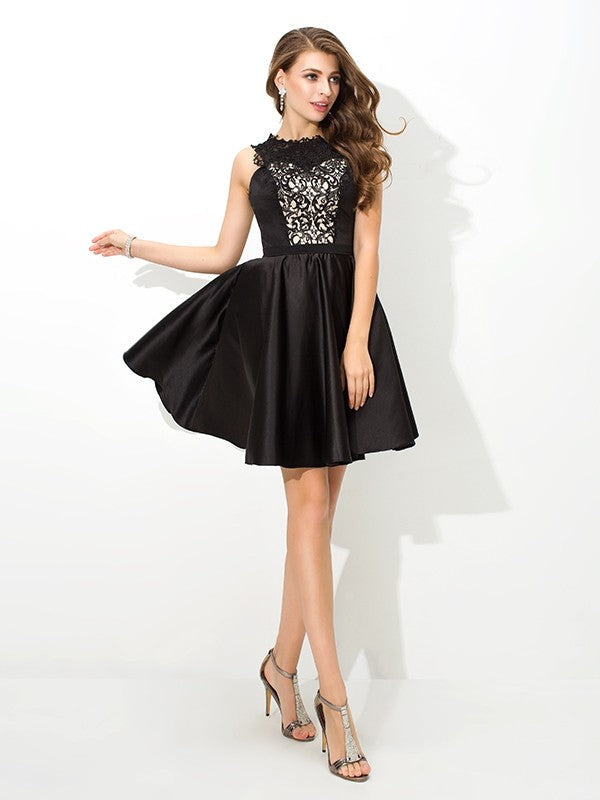 A-Line/Princess Scoop Cocktail Satin Lace Homecoming Dresses Patti Sleeveless Short Dresses